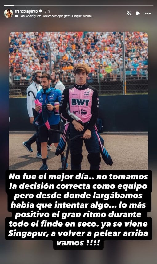 El posteo de Franco Colapinto tras el GP de Baréin en Malasia (@francolapinto)