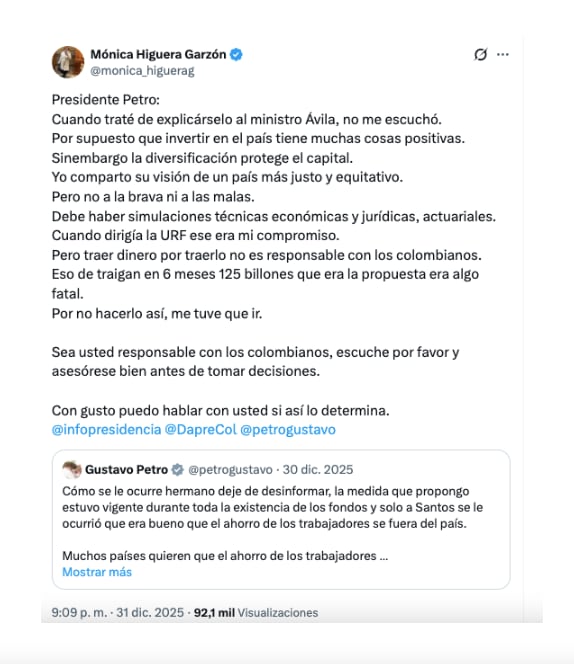 Mónica Higuera renunció a la dirección de la URF al oponerse a la medida establecida por el Gobierno Petro - crédito @monica_higuerag/X