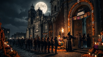 Personas en fila entran a la Catedral de la Ciudad de México decorada con cempasúchil y calaveras, junto a una figura encapuchada con antorcha.