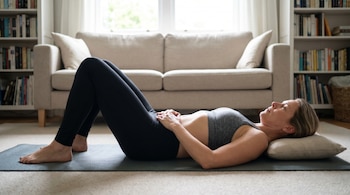 Mujer de mediana edad acostada boca arriba en una colchoneta gris, con las rodillas flexionadas y las manos sobre el abdomen, realizando el ejercicio Hollowing.
