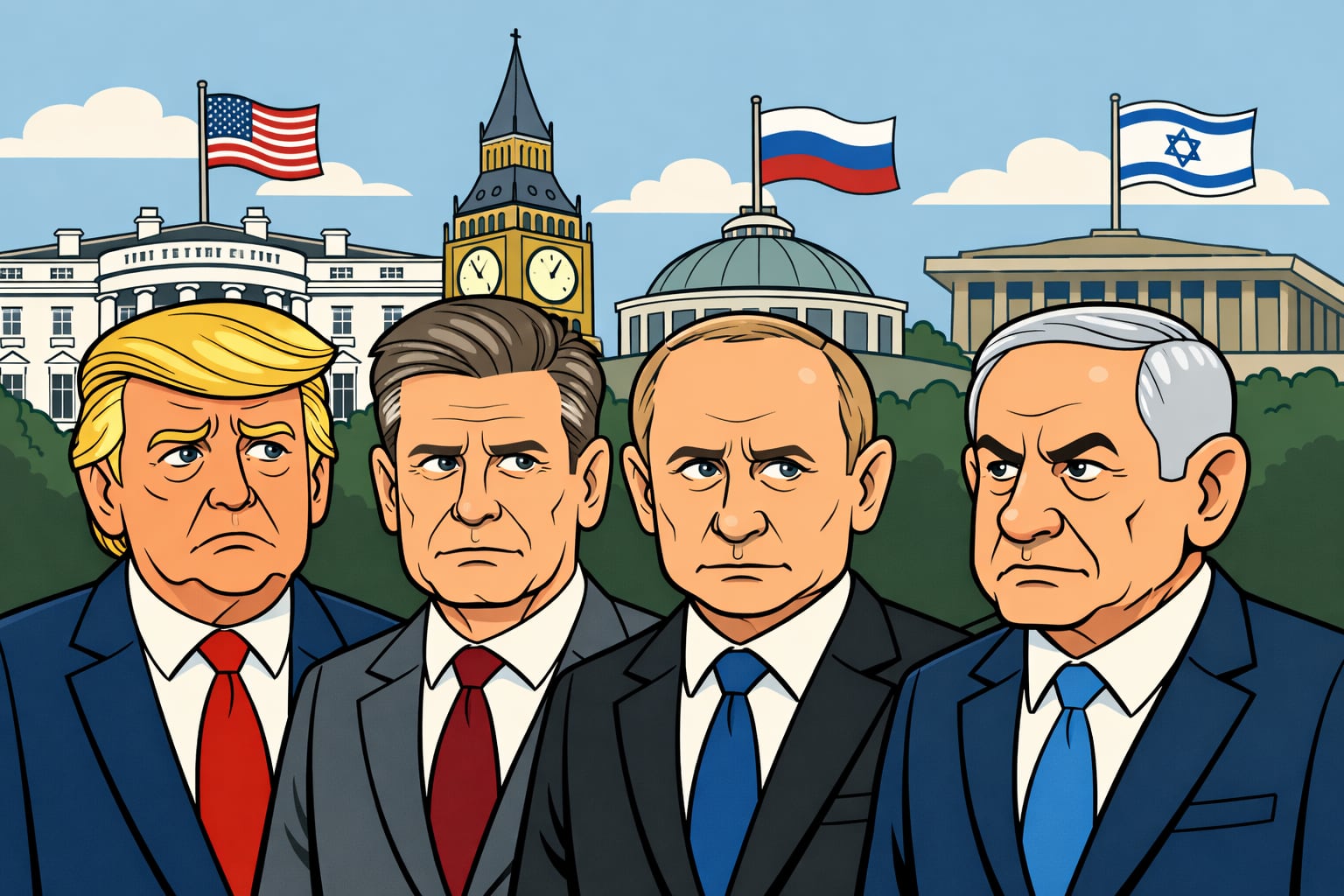 Caricaturas de Donald Trump, Keir Starmer, Vladimir Putin y Benjamin Netanyahu frente a edificios emblemáticos y banderas de sus naciones. (Imagen Ilustrativa Infobae)