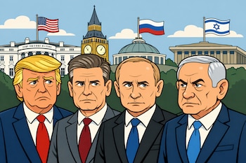 Caricaturas de Donald Trump, Keir Starmer, Vladimir Putin, Benjamin Netanyahu, Casa Blanca, Big Ben, cúpula de la Duma, edificio del Knesset, banderas.