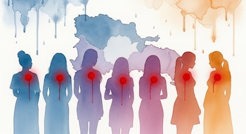 Siete siluetas femeninas de acuarela en tonos azules, morados y ocres, con manchas rojas en el pecho, sobre un mapa difuso de República Dominicana. Fondo blanco con gotas de acuarela.