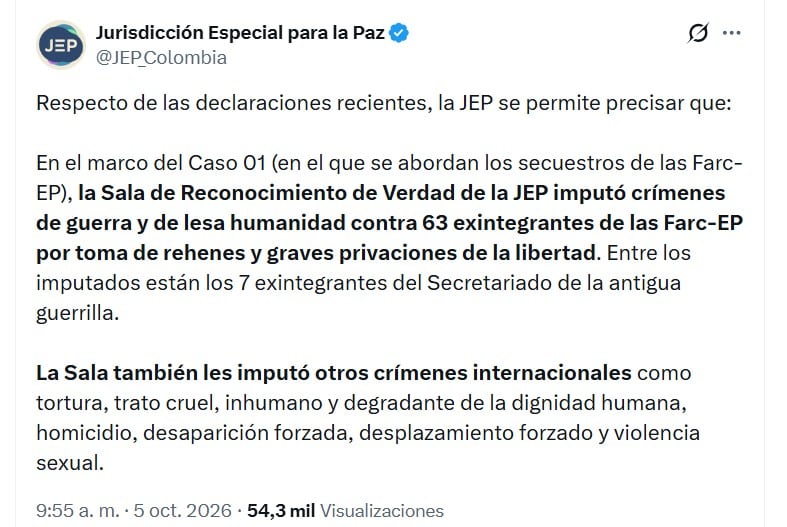 La JEP aclaró que la existencia de una directriz interna sobre el “buen trato” no implica que esta haya sido aplicada efectivamente en los campamentos - crédito @JEP_Colombia/X