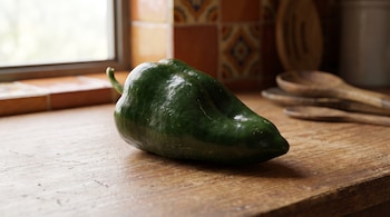 Un pimiento poblano verde oscuro en una encimera de madera. Al fondo, una ventana, azulejos de talavera y utensilios de cocina.