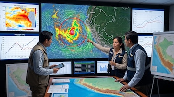 Tres personas con chalecos institucionales observan pantallas con mapas meteorológicos, gráficos de presión e imágenes satelitales.