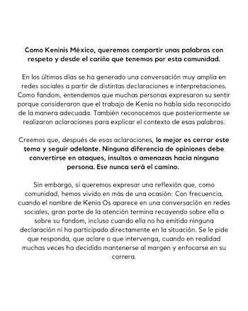 Documento con texto en español de Keninis México que aborda conversaciones en redes sociales sobre Kenia Os y la gestión de opiniones en la comunidad