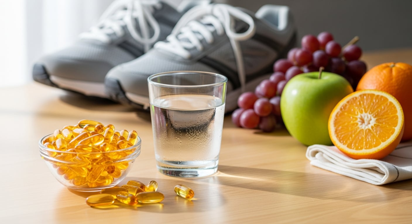 Cápsulas de omega-3, un vaso de agua, frutas frescas y zapatillas deportivas se combinan en esta mesa, representando una rutina diaria de bienestar y cuidado personal. (Imagen Ilustrativa Infobae)