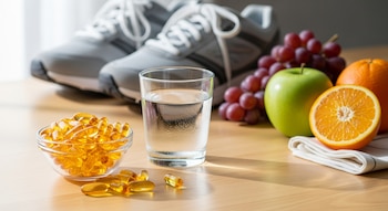 Cápsulas de aceite de pescado en un bol, un vaso de agua, uvas, una manzana verde y naranjas junto a zapatillas grises sobre una mesa de madera clara.