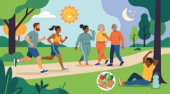 Personas corriendo y caminando en un sendero, un hombre descansando bajo un árbol, una luna, un sol y un plato con frutas y verduras.