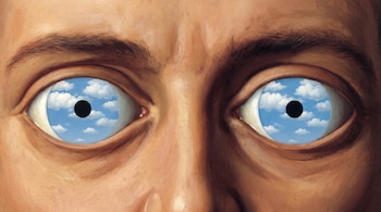 Pintura de un rostro humano con frente, nariz y dos ojos. Los irises muestran un cielo azul con nubes, y las pupilas son círculos negros.