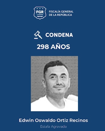 Edwin Recinos Ortiz recibió inicialmente una condena de 298 años de cárcel en febrero de este año, cifra que recientemente ascendió a un total de 360 años por nuevos casos de estafa (Foto cortesía FGR).