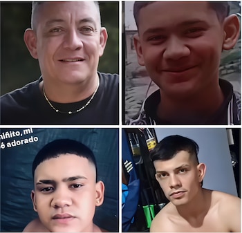Collage de cuatro retratos masculinos: un hombre de mediana edad sonriendo y tres hombres jóvenes con distintos cortes de cabello y expresiones