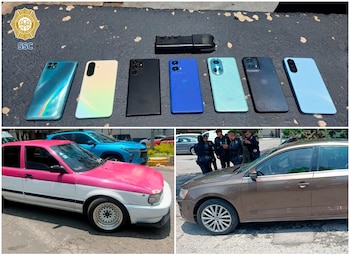Autos y objetos asegurados a los presuntos extorsionadores. Crédito: SSC