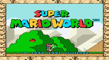 Pantalla de título de Super Mario World con el logo, Mario sobre Yoshi, fondo de montañas y árboles pixelados, y el texto © 1990-1991 Nintendo