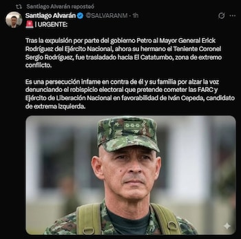 Usuario de X se refirió al traslado del teniente coronel Sergio Rodríguez, hermano del general Erick Rodríguez, al Catatumbo, y lo relacionó con el contexto posterior a la salida del alto oficial del Ejército - crédito Santiago Alvarán/X