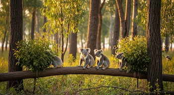 Cuatro koalas grises se posan en un tronco horizontal en un bosque de eucaliptos iluminado por el sol matutino, con árboles altos y follaje verde.