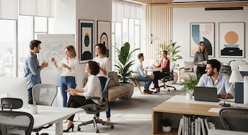 Una oficina moderna y luminosa con varios empleados de diversas edades y géneros trabajando e interactuando. Se observa una pizarra, escritorios, plantas y grandes ventanales.