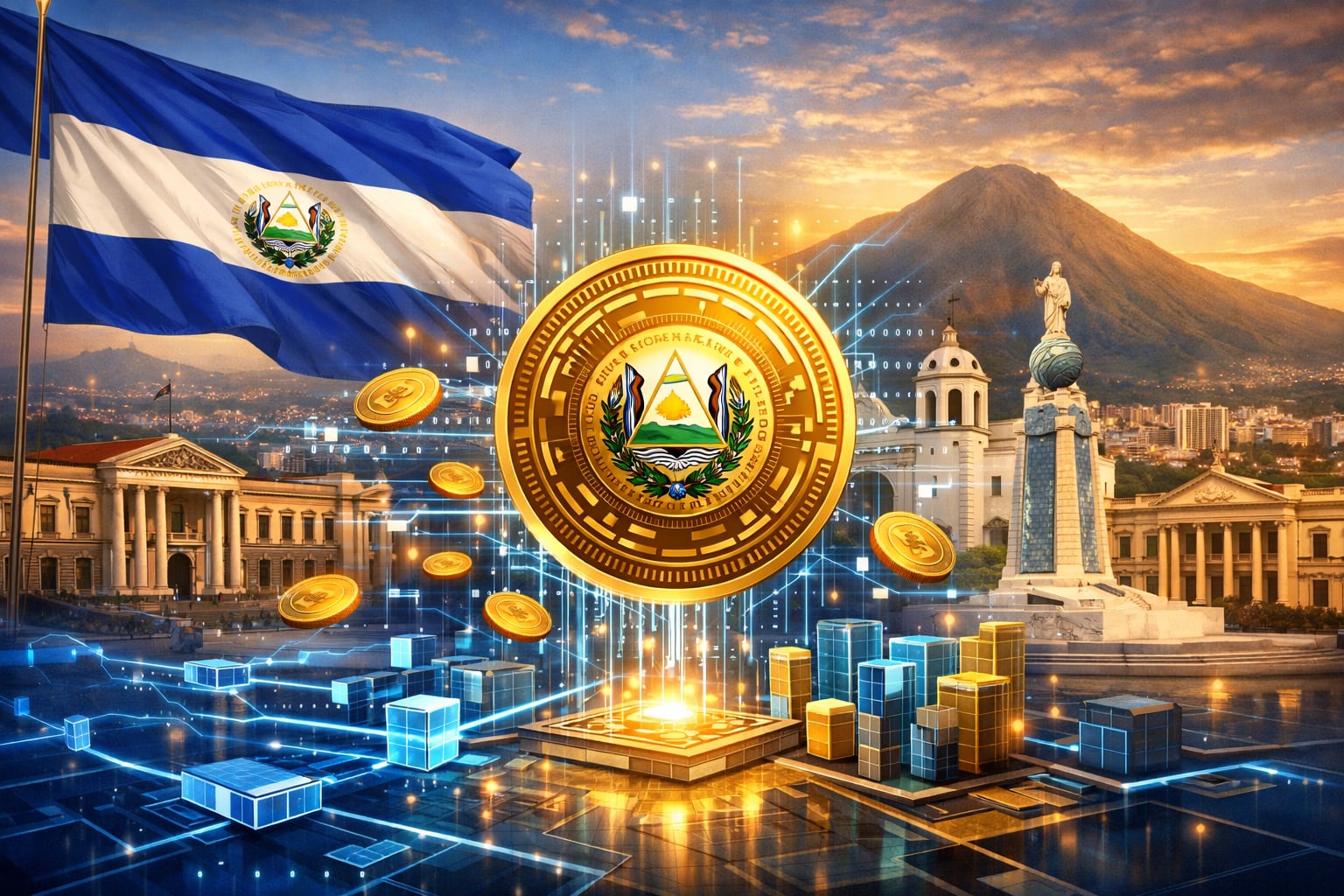 Esta representación conceptual ilustra la visión de El Salvador hacia la tokenización de sus activos y economía digital, enmarcada por su bandera y el emblemático centro histórico de San Salvador. (Imagen Ilustrativa Infobae)