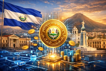 Bandera de El Salvador, una moneda digital dorada central y otras flotando, edificios históricos de San Salvador, un volcán y elementos de red luminosos.