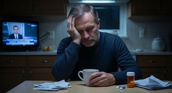 Hombre de mediana edad apoyado en la mano, con taza de café, pastillas y papeles en la mesa, y un televisor con noticias de fondo en una cocina oscura.