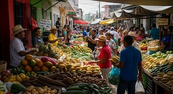 Vista panorámica de un mercado al aire libre repleto de personas comprando y vendiendo frutas, verduras y viandas frescas en puestos coloridos.