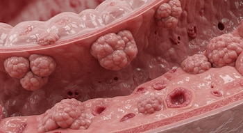 Vista interna detallada de un colon humano, mostrando pólipos rosados de varias formas y tamaños, así como tumores cancerosos adheridos a las paredes.