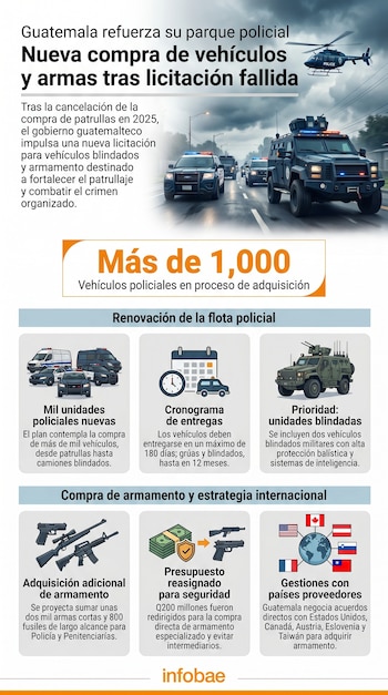 Infografía mostrando patrullas, un vehículo blindado y un helicóptero de policía, con texto sobre la adquisición de flota y armamento en Guatemala.
