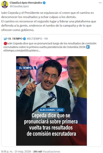 Claudia López pidió reconocer el segundo lugar y rechazó desconocer los resultados electorales - crédito @ClaudiaLopez/X