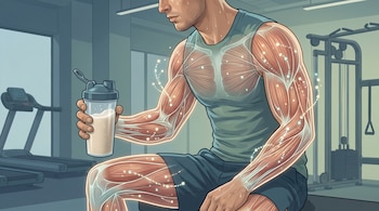 Hombre sentado en un gimnasio con un vaso de batido en la mano y una capa gráfica transparente que expone sus músculos y partículas brillantes.