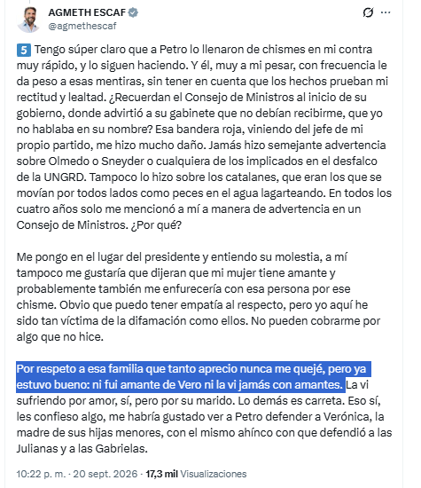 En este mensaje en su perfil de X, el senaror Agmeth Escaf negó haber sido