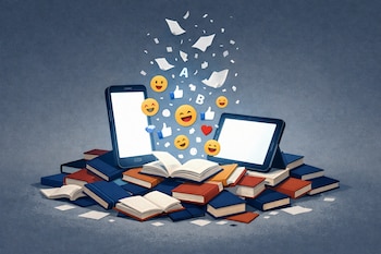 Pila de libros clásicos de tapa azul, roja y beige desparramados. Un smartphone y una tablet encendidos proyectan luz fría; emojis, letras y páginas emergen de ellos.