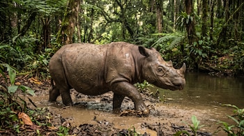 Un rinoceronte con piel cubierta de lodo avanza por un charco de agua cerca de helechos y árboles en un bosque denso.