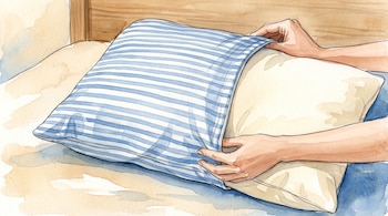 Ilustración en acuarela de dos manos colocando una funda de tela a rayas azules en una almohada.