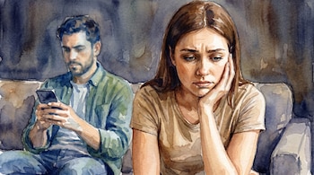 Pintura en acuarela de una mujer con expresión de tristeza y un hombre con barba mirando su teléfono, sentados en un sofá.
