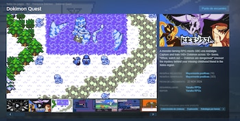 Captura de pantalla de la interfaz de Steam con la ficha de Dokimon Quest, imágenes con estilo de arte en píxeles y textos descriptivos