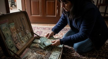 Mujer arrodillada sobre alfombra acomoda fajos de billetes de dólar y joyas como collares, anillos y pulseras dentro de maleta abierta.