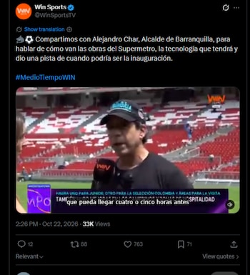 El alcalde Alejandro Char informó que las obras de modernización del recinto comenzaron nueve meses antes del anuncio oficial-crédito @WinSportsTV/X