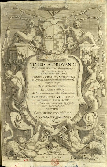 Grabado antiguo que muestra la portada de un libro de Ulisse Aldrovandi, con tritones, querubines y una criatura marina rodeando un texto central