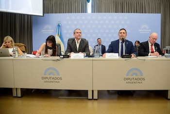 Cinco personas permanecen sentadas frente a micrófonos y letreros institucionales en un estrado con la leyenda Diputados Argentina