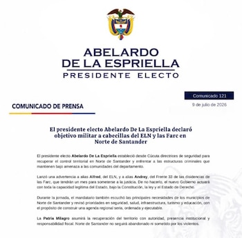 Desde Cúcuta, en Norte de Santander, el presidente electo Abelardo de la Espriella reiteró su mensaje a los grupos armados al margen de la ley y sus cabecillas, en un intento por regresar el control a varios territorios a nivel nacional - crédito @defensoresco/X