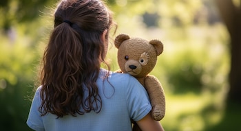 Una niña de espalda con el cabello recogido sujeta un oso de peluche marrón sobre su hombro izquierdo en un entorno con vegetación.