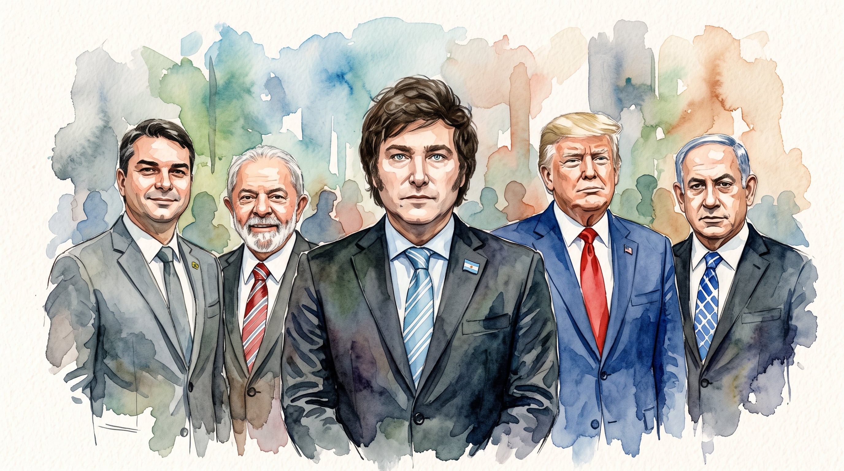 Una ilustración reúne al presidente argentino Javier Milei junto a Flávio Bolsonaro, Luiz Inácio Lula da Silva, Donald Trump y Benjamin Netanyahu. (Imagen Ilustrativa Infobae)