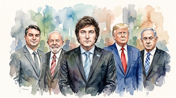 Ilustración en acuarela de Flávio Bolsonaro, Lula da Silva, Javier Milei, Donald Trump y Benjamin Netanyahu vestidos con traje y corbata.