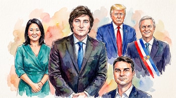 Ilustración en acuarela de Javier Milei, Keiko Fujimori, Donald Trump, José Antonio Kast con banda presidencial y Flávio Bolsonaro, con fondo claro.