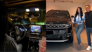 Dos fotografías: una mujer y un hombre posan junto a una camioneta Jeep Grand Cherokee negra; en la otra imagen, el interior de un vehículo con un ramo de flores y un hombre afuera