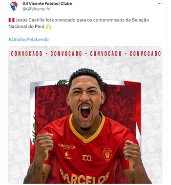El volante Jesús Castillo formará parte de la Selección peruana, según lo anunció Gil Vicente en sus redes sociales. (Gil Vicente Futebol Clube)