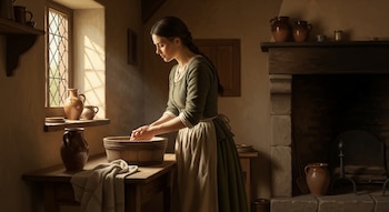 Una mujer vestida de verde y blanco lava sus manos en una cubeta de madera, dentro de una casa con paredes claras y una ventana por donde entra luz natural. Un paño de lino está en la mesa.