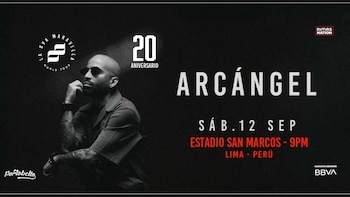 Afiche publicitario con una foto de Arcángel y texto que anuncia un concierto en el Estadio San Marcos de Lima el 12 de septiembre