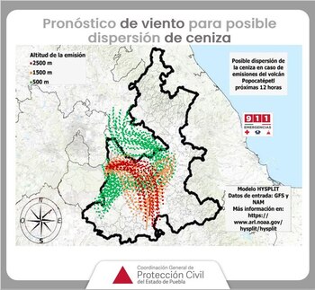 Mapa que muestra la dirección que podrían tomar las emisiones del volcán Popocatépetl este martes 23 de abril